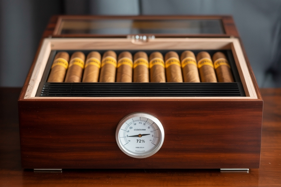 Wooden cigar humidor with glass top, analog hygrometer reading 72%, and neatly arranged Cohiba cigars